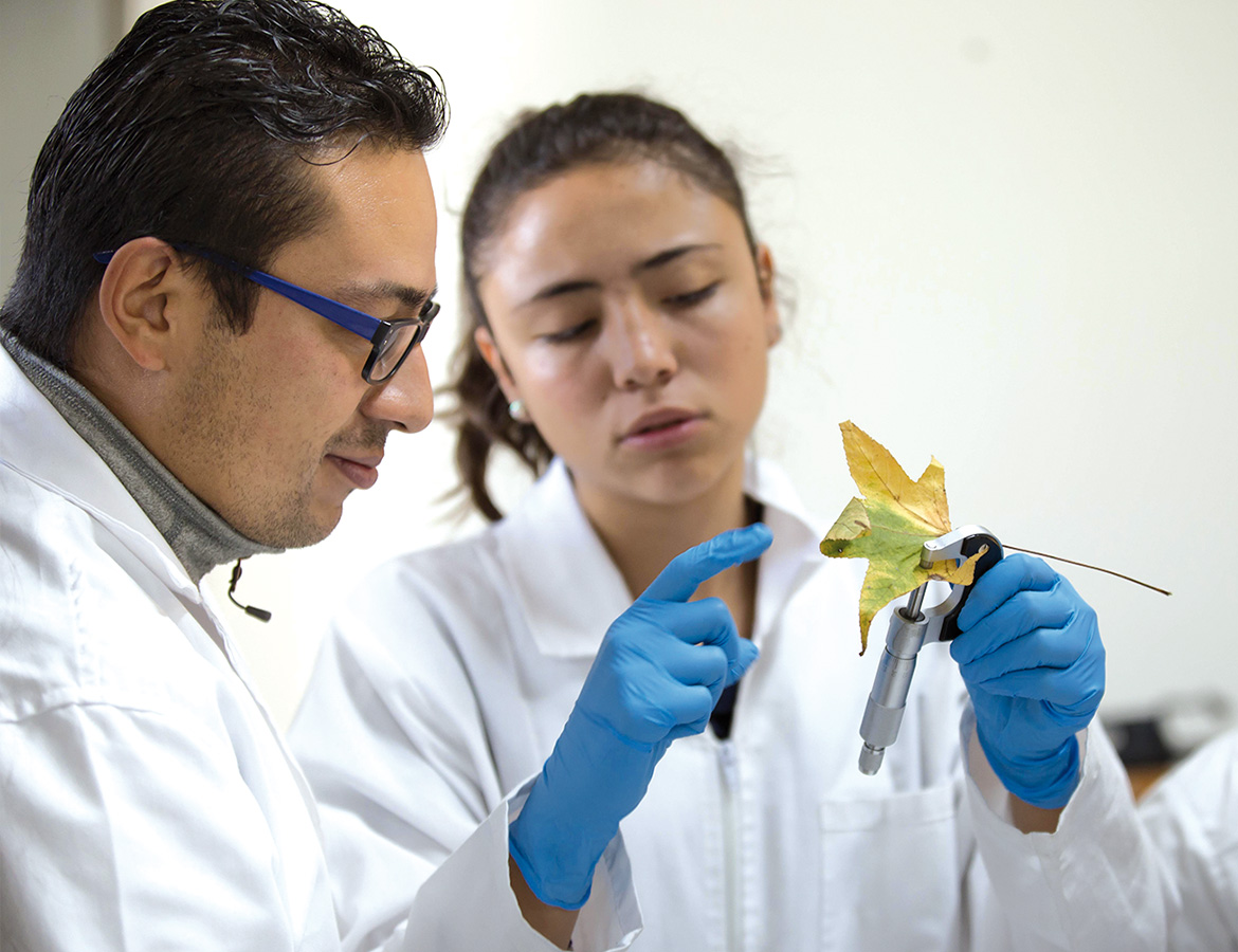 Estudiante con docente en clase de biología